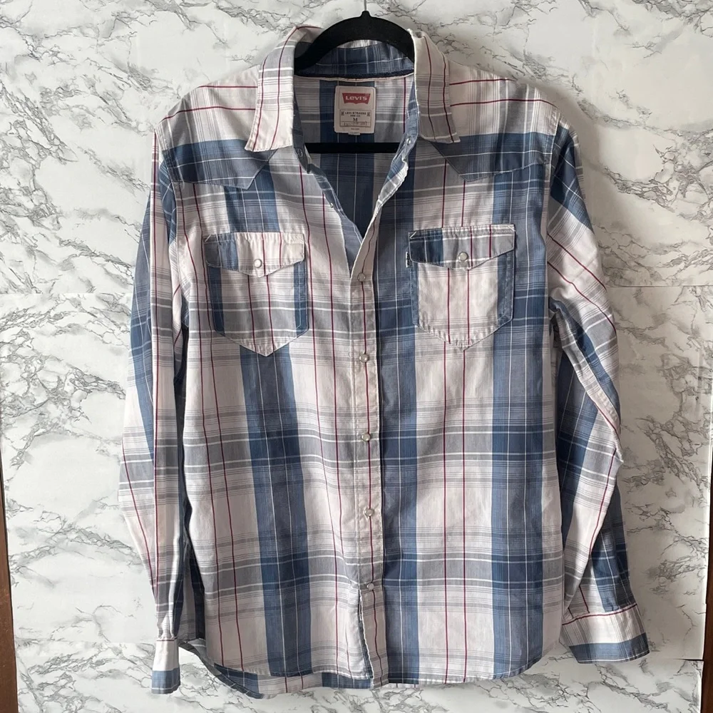 Levi's M Blue/White Mens Stripe Button Down Shirt